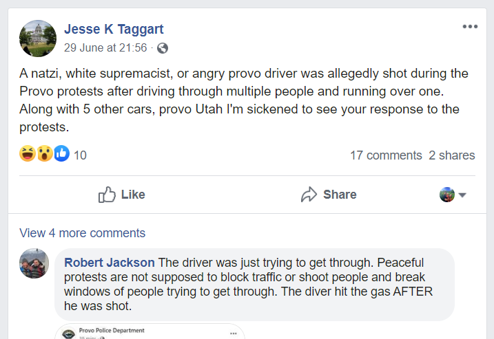 JackPosobiec's tweet photo. Alleged Provo gunman spent yesterday arguing on Facebook that the driver yesterday must have been a Nazi https://t.co/tjCh12o8tm
