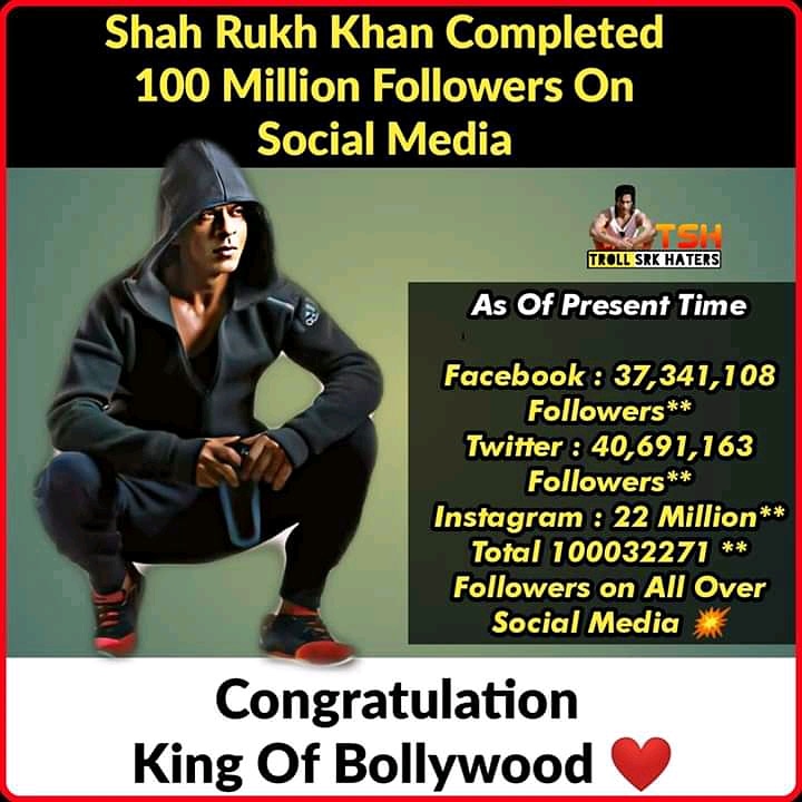 trollsrkhaters5's tweet photo. Shah Rukh Khan completed 100 million followers on social media
#king #srk https://t.co/V3vSViPbRm