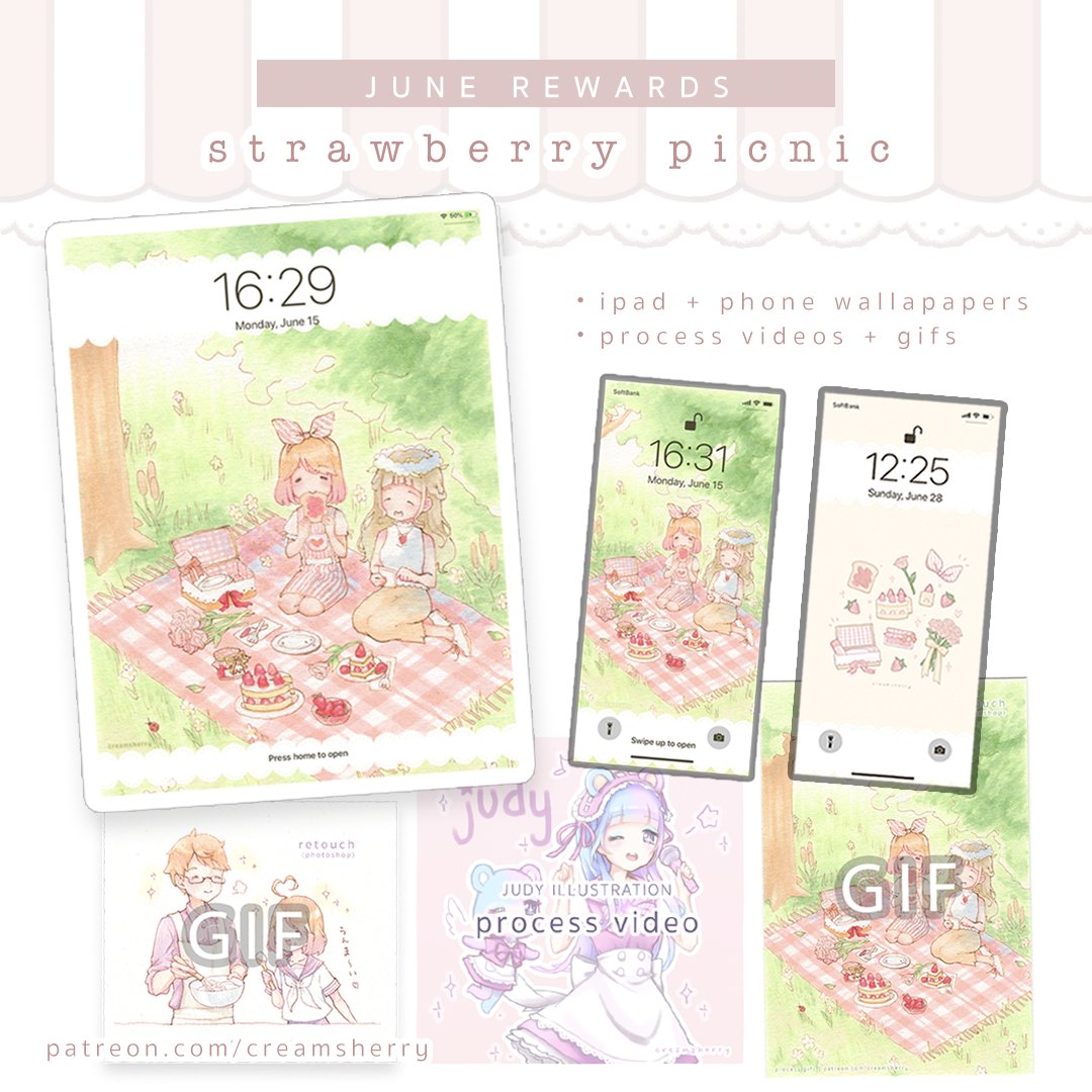 パトレオンというpixivファンボックスみたいなサイトで活動しているんですが、6月の支援者特典をまとめてみました!「いちごのピクニック」をテームに、はがき、シール、壁紙、メモなどを作りました(о'∀`о)📝🍓✨
7月のテーマは夏っぽくレモネードにしようと思ってます!🍋✨
https://t.co/kyVcZYTdPG 