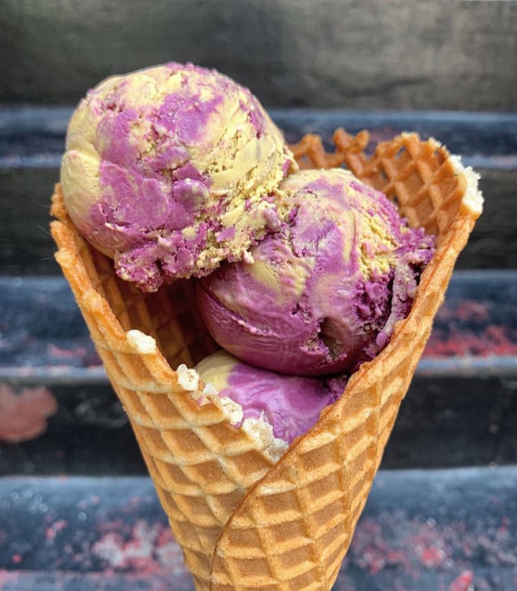 the non binary flag as this really cool ube and coconut jam ice cream from Van Leeuwen’s, a bougie nyc store