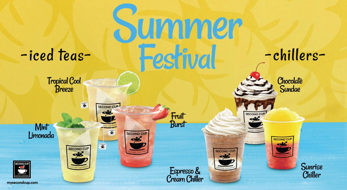 This #SUMMER the #FESTIVAL is not canceled! Celebrate with our NEW refreshing #IcedTeas - Mint Limonada, Tropical Cool Breeze and Fruit Burst and our NEW delicious #Chillers - Chocolate Sundae, Sunrise, Espresso &amp; Cream! #SummerFestival #MySecondCup