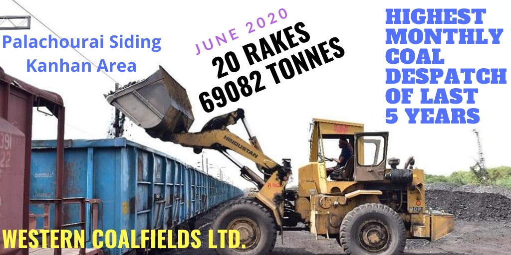 TeamWCL's tweet image. *Defeating Corona, Energizing India*

Palachourai Siding of WCL Kanhan Area recorded its best monthly coal despatch performance of last 5 years in June-2020 amid #CoronaCrisis. 
The siding despatched 69082.19 tonnes of prescribed quality coal in 20 Rakes. Congrats Team Kanhan 🎉