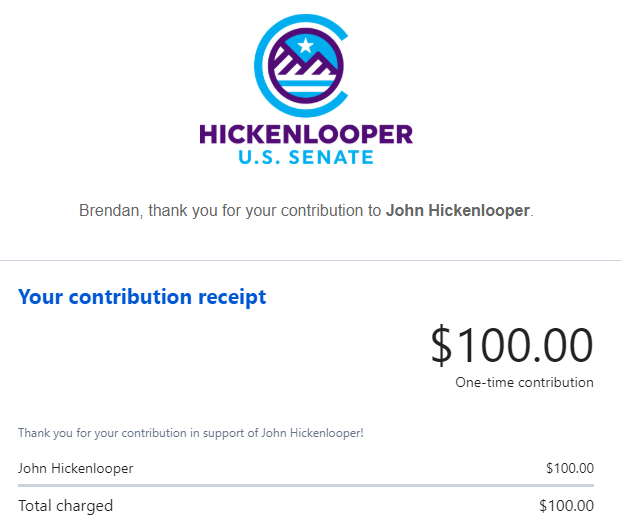 MileHightheGrey's tweet photo. A "victory contribution"? Why yes, I think I will do that! Thanks for the idea, @CoryGardner!

#Hick2020 🇺🇸 🇺🇸 🇺🇸 https://t.co/UQgMV4QLwK