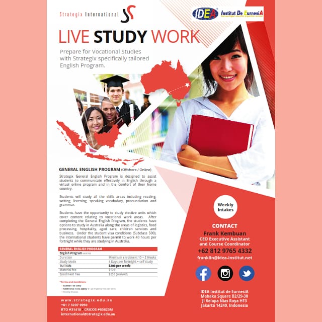 ideainstitut's tweet photo. Yuk gabung kelas bahasa Inggris dari @ideainstitut bekerjasama dengan Strategix International College! Dm for registration and info
#ideainstitut #kelasbahasa #kelasbahasaonline #lesbahasa #lesbahasainggris https://t.co/tU1KGzEoRR