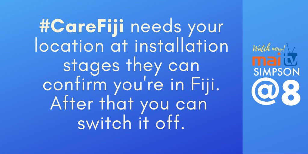 maitvfiji's tweet photo. The #CareFiji app does need your location but only at the beginning; @jimtora and other tech experts review the #COVID19 contact tracing app on #SimpsonAtEight happening right now on TV, Walesi & FB Live. https://t.co/e7BBw6HGWv #FijiNews #Cybersafety #Fiji #Smartphone https://t.co/iaiFyerVRT
