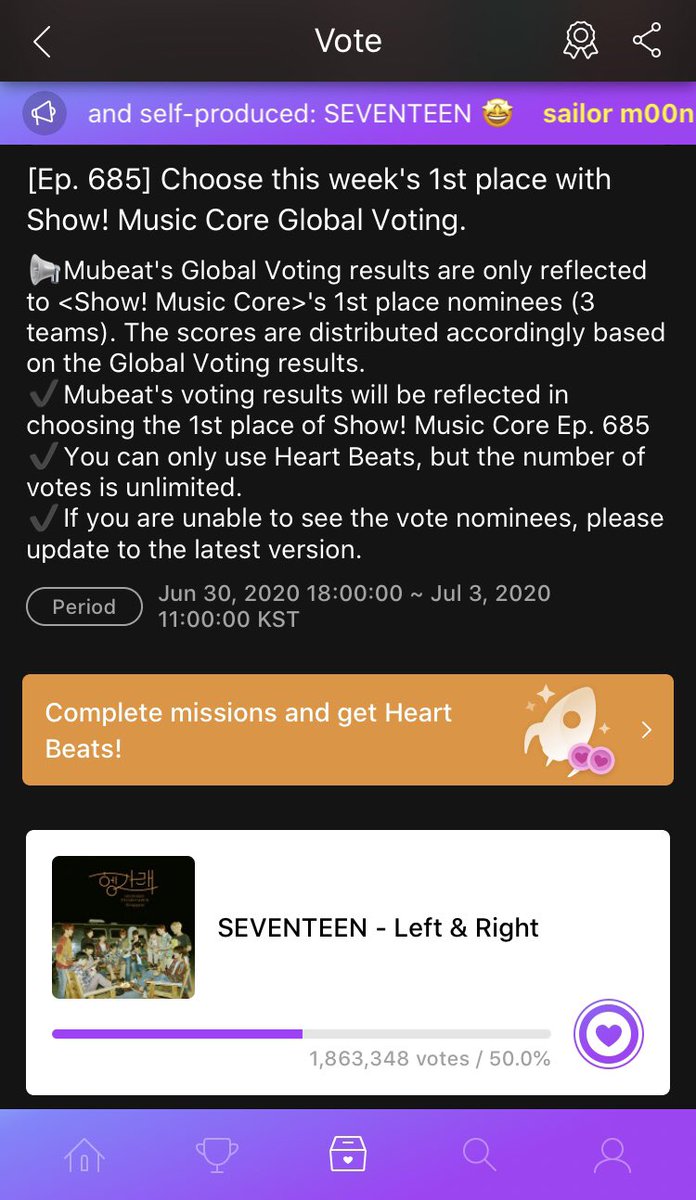 MUBEATShow! Music Core Global VotingWho: SEVENTEEN - Left & RightDue: July 3, 11AM KSTVotes: Unlimited / Use only heart beats @pledis_17  #SEVENTEEN  