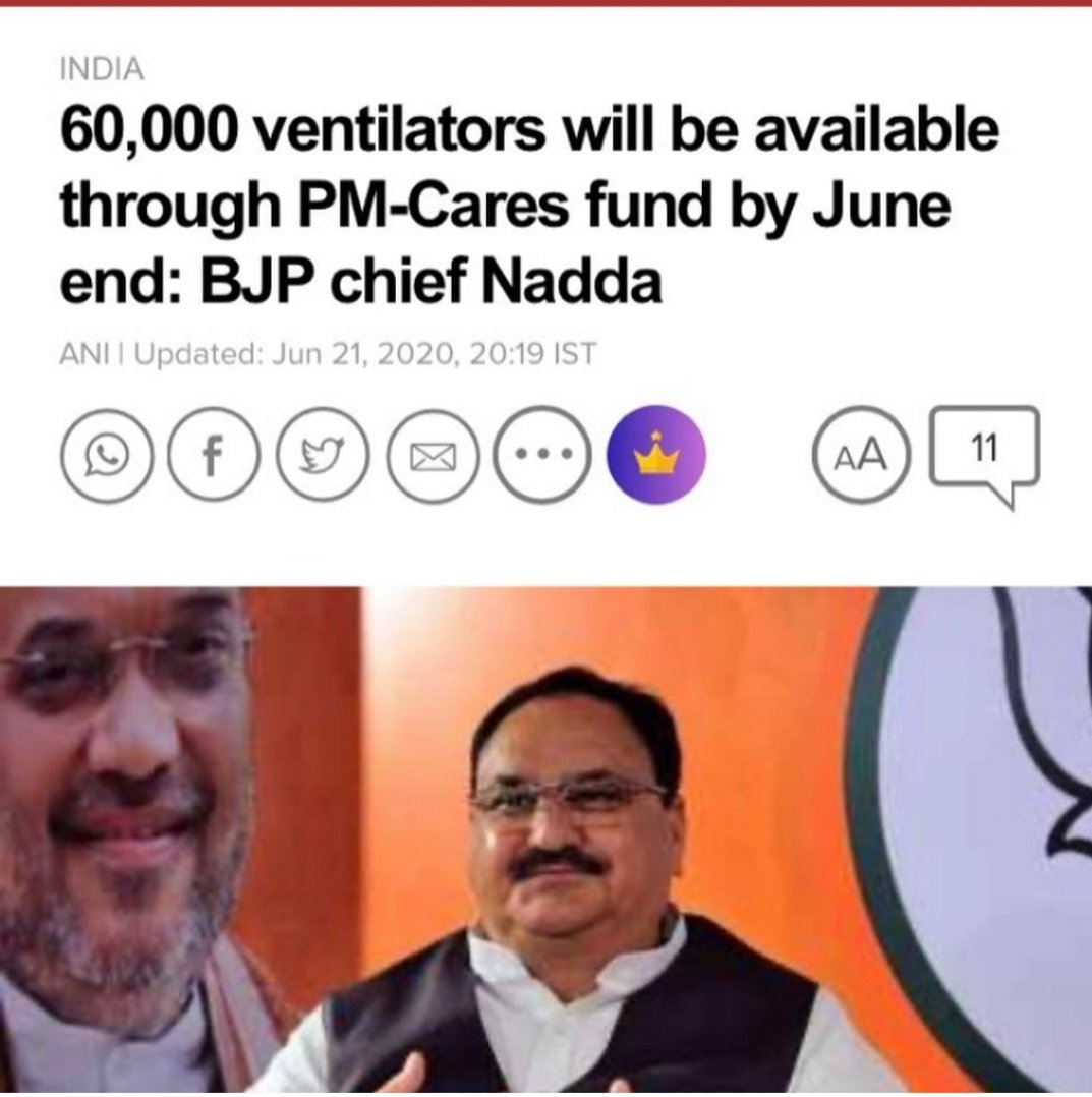 BJP president JP Nadda claims that by the end of June, 60,000 ventilators will be available through PM cares fund. As of now, only 1350 ventilators are delivered.[12/n ] #doctorsday2020