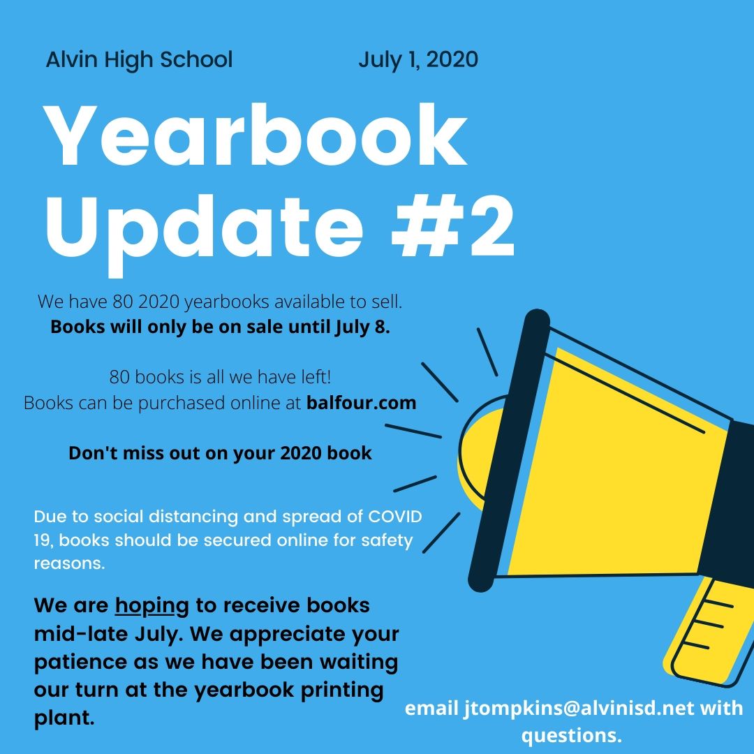 Heads up! We have some new yearbook info. We have 80 2020 yearbooks left to sell. Book sell window closes on July 8.  Please reserve yours at balfour.com