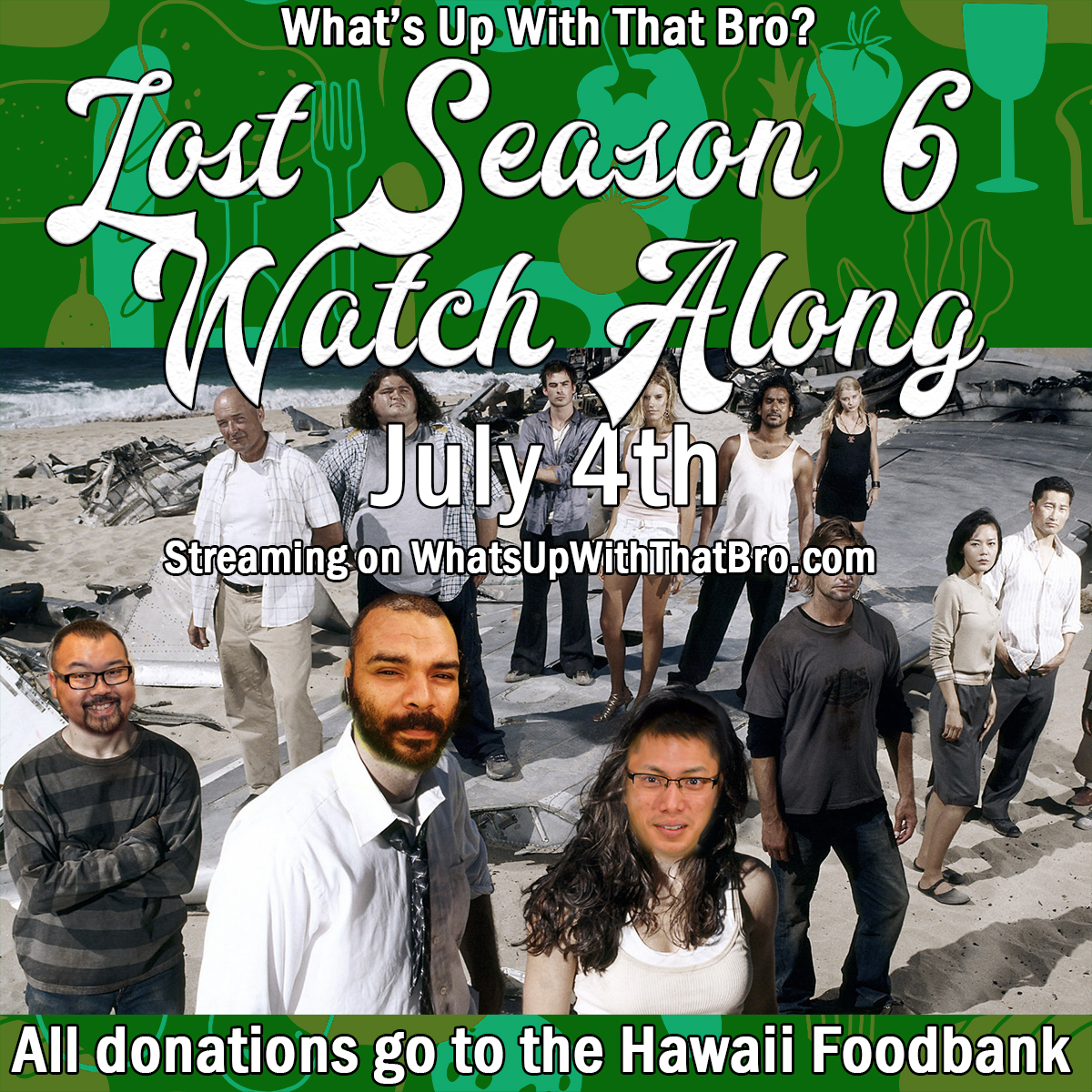 WhatBroPod's tweet photo. Inspired by our heroes @GLucasTalkShow, we're happy (and a little scared) to announce our own 15-hour marathon watch-along of Lost's 6th season to benefit the Hawaii Foodbank! https://t.co/xghFTvC5uA