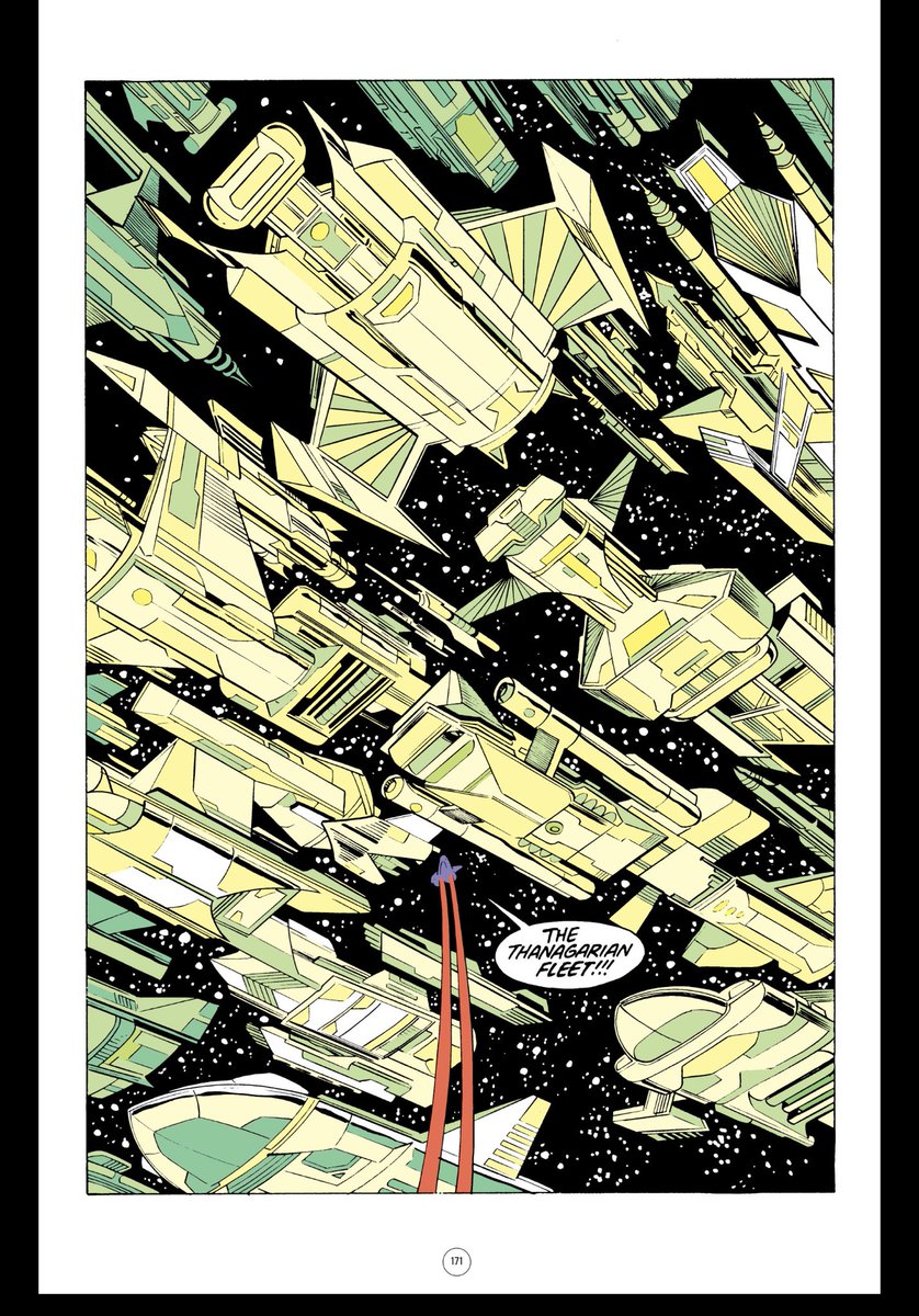 I do like this demonstration of Superman’s powers. “He’s flying the ship from the inside!” Also cool splash of the thanagarian fleet. Interesting color. Anyone have the original? Curious if it was colored quite this way.
