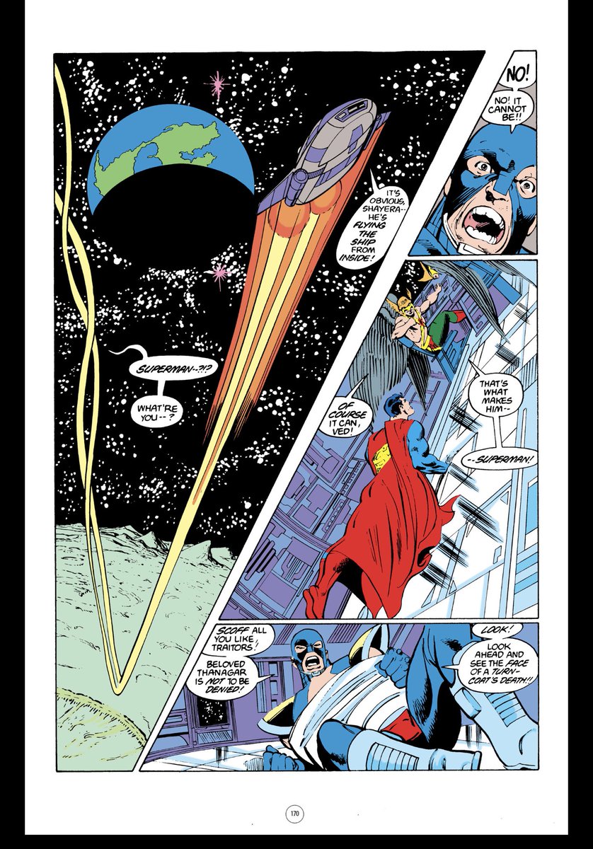 I do like this demonstration of Superman’s powers. “He’s flying the ship from the inside!” Also cool splash of the thanagarian fleet. Interesting color. Anyone have the original? Curious if it was colored quite this way.