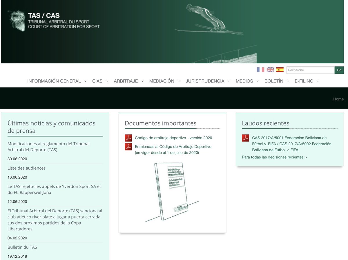 La nueva web del TAS en español acaba de ser lanzada. 

Incluye también la primera versión oficial del Código de Arbitraje Deportivo en 🇪🇸.

👍👍

Acceso a través del siguiente enlace 👇:

tas-cas.org/es/index.html