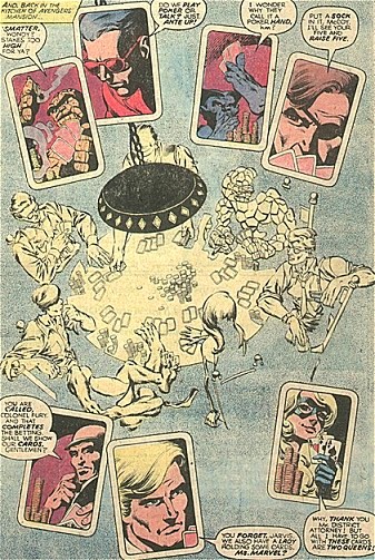 Esta página de Miller la desconocía y me tiene loco.Me flipa como ha elegido representar el plano de situación en el que vemos a varios héroes echando una timba al poker , como una splash page, el elemento central de la página, y muda, en ella se nos ubica en la acción y 》》