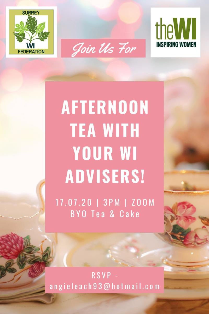 surreyfedwi's tweet photo. A date for your diary!  AfterZoom Tea with our Advisers ☕️🍰🧁. #MyVirtualWI #Afternoontea #zoom #womensinstitute @WILifemagazine @WomensInstitute https://t.co/PAI7ORGHNc