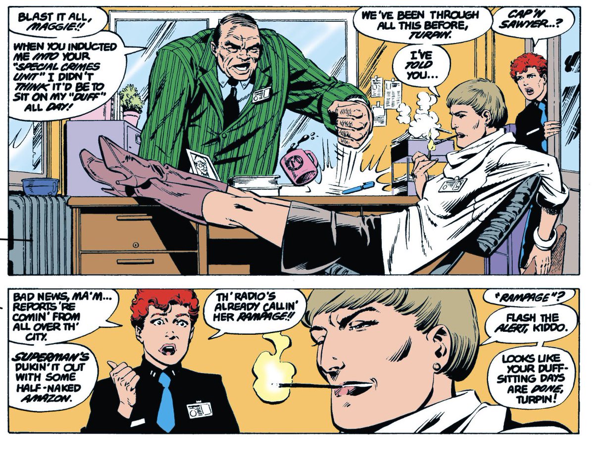 Apparently the first appearance of Jack Kirby’s Dan Turpin in the Superman reboot, recruited into Major Crimes by Byrne’s Maggie Sawyer. An auspicious pairing that would become indelible in Superman media for years, and another major source of story for the animated series.