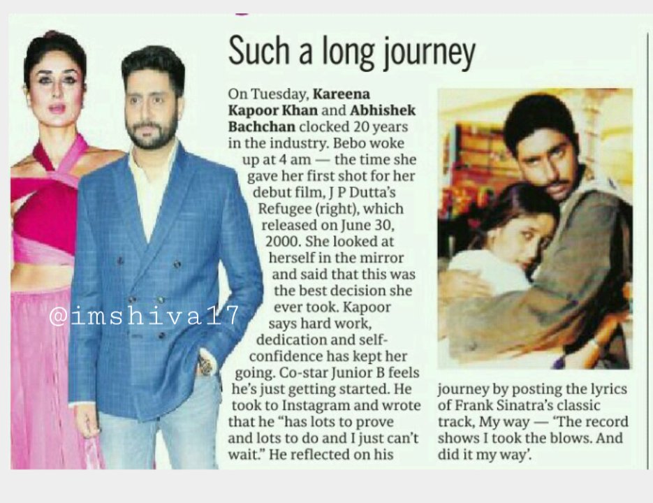imshiva17's tweet photo. On Tuesday, #KareenaKapoorKhan
and @juniorbachchan
clocked 20 years in the industry.
#20yearsofRefugee #JPDutta #20YearsOfKareena #20YearsOfAbhishekBachchan https://t.co/VLDk9q9sWz