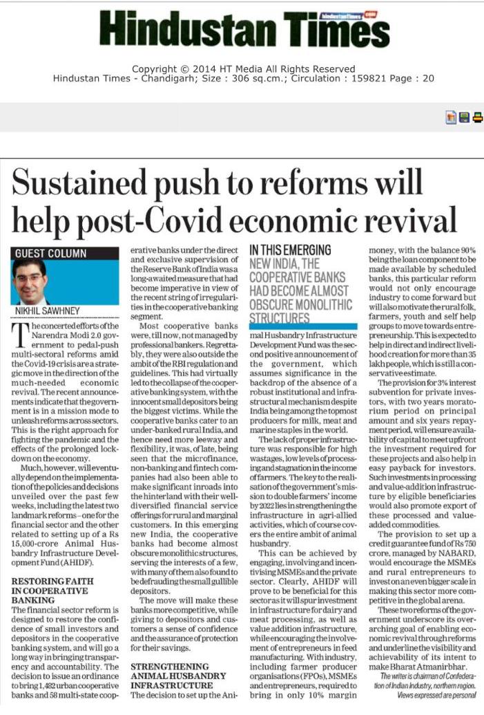 TUCC_Official's tweet image. RT FollowCII: The concerted efforts of the narendramodi 2.0 govt to pedal-push multi-sectoral reforms amid #COVID19 crisis are a strategic move in the direction of the much-needed economic revival, writes Nikhil Sawhney, Chairman, CII-NR #cii4india #CII4…