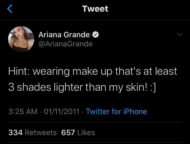 reminder that ariana grande has confirmed that they used heavy makeup on her to make her extra pale when acting as cat valentine. she was never truly that pale, it was for victorious and victorious only. these pictures are from the same era, she& #39;s always had a darker complexion