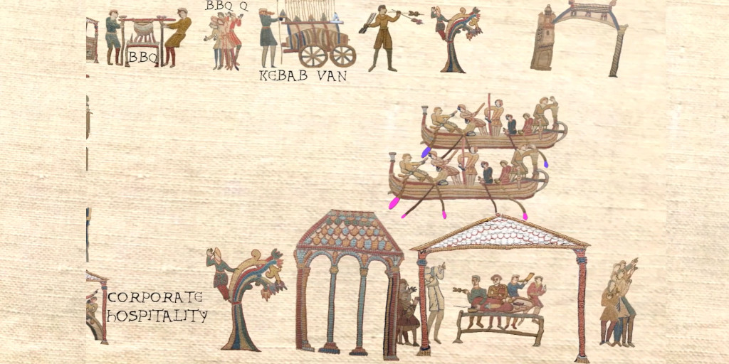 Are you missing <a href="/HenleyRegatta/">Henley Royal Regatta</a> - here's some ancient drone footage youtu.be/V6MNF48-weA of the historic battle between <a href="/UniofReading/">Uni of Reading</a> and <a href="/Leander_Club/">Leander Club</a>  with figures from <a href="/readingmuseum/">Reading Museum</a> Victorian copy of the Bayeux Tapestry