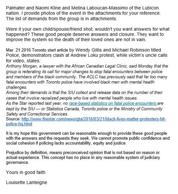 My 2016 email letter sent to Prime Minister Trudeau about Erik Prince' s negative influence in Canada, particularly with race relations. I believe his roll made policing issues systemically worse for racial minorities in Canada.