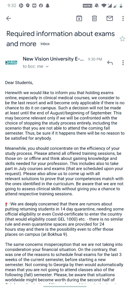 tulika_anne's tweet photo. What’s happening in #newvisionuniversity  #georgia. 
Why students health is not important. Why finals are given more importance. @GovernmentGeo 
Only university who’s taking #offlineexam WHY??? 
We want #onlineexams https://t.co/71XtGSLlQv