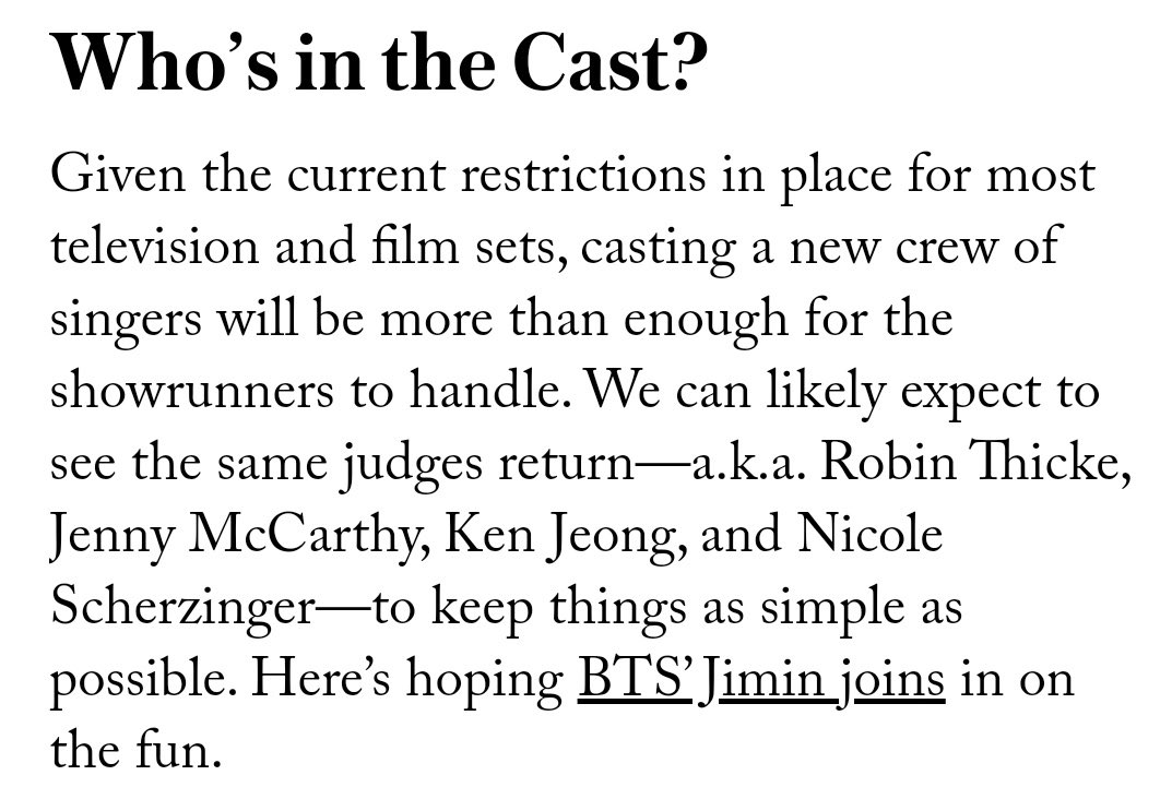 Style Caster included Jimin in the list "10 Celebrities Who Should Be on the New Season of 'The Masked Singer'" because of his "distinguishable voice and smooth vocals"Izzie Pick Ibarra, The Show Runner who said that she's "hoping for BTS Jimin to join” #JIMIN   #지민   @BTS_tw