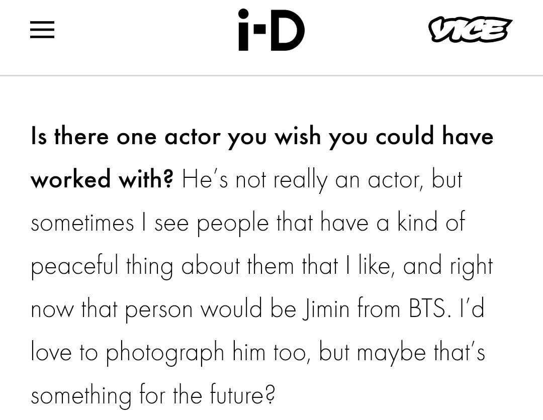 but he said he would like to work with Jimin despite him not being an actor."I like people that have a kind of peaceful thing about them, right now that person is Jimin"- Gus Van SantEven Vogue Korea talked about this! #JIMIN   #지민  @BTS_twt