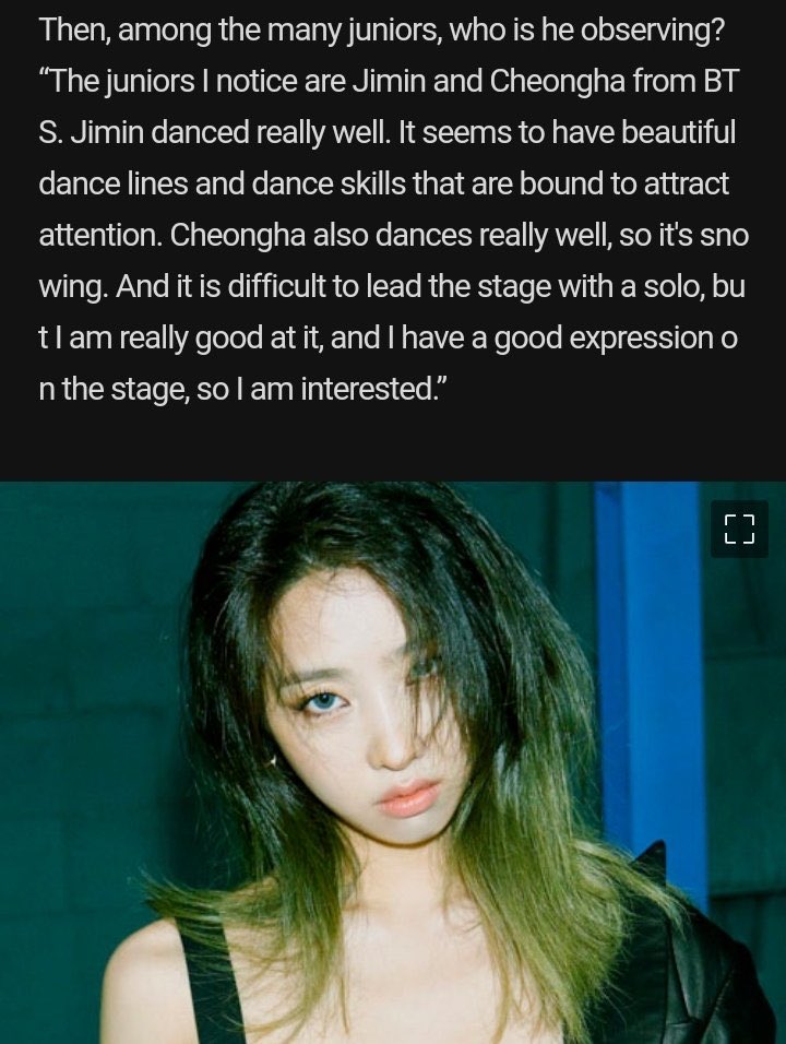  Gong Minzy A South Korean singer, songwriter and rapper.The Juniors she keeps an eye on the most are Jimin of BTS and Chung-ah"Jimin-ssi dances really well. I think he has a really pretty dancing line with dancing skills that can’t help but catch your eyes #JIMIN   #지민