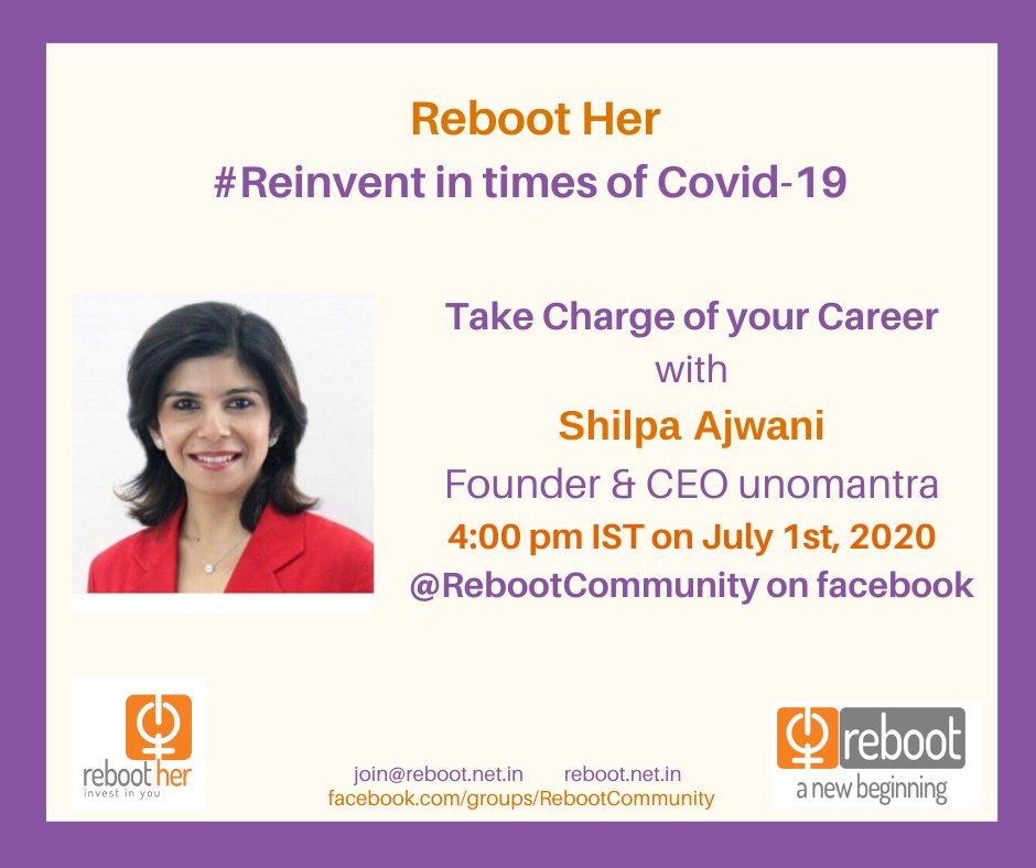anupamaskapoor's tweet photo. The brilliant @ShilpaAjwani speaking with the #RebootCommunity on facebook today at 4. Click here to join in - https://t.co/wAgEZFBOxr #TakeCharge #RebootHer https://t.co/o1ly1Cu8hT