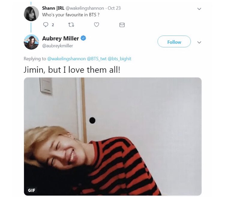  Aubrey Miller, American actress.Over the years she has posted many tweets declaring she is a fan of Jimin. #JIMIN   #지민    @bts_twt  @aubreykmiller