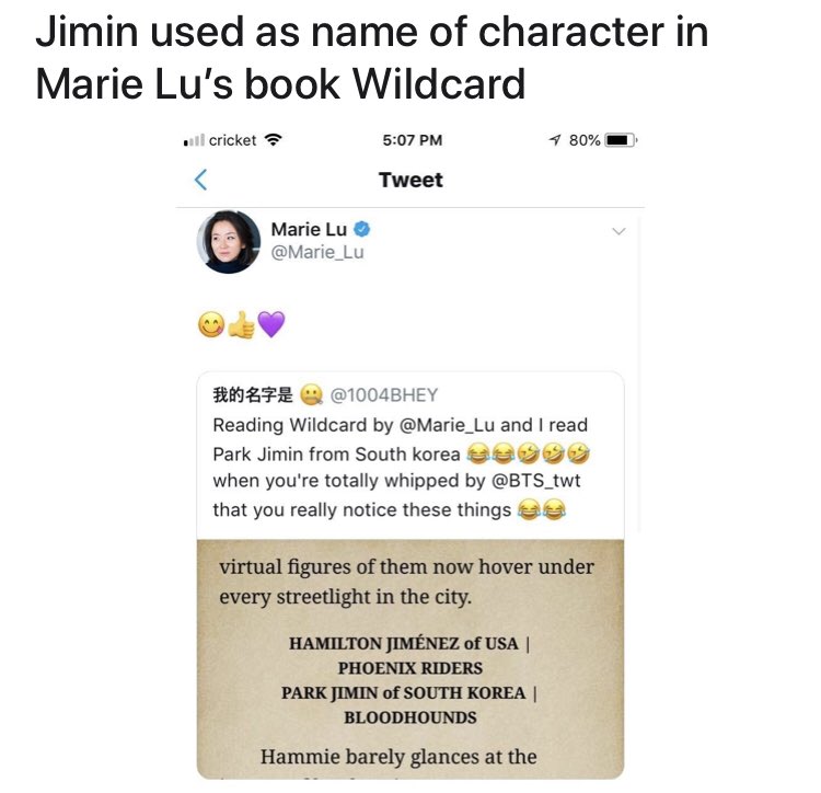  Marie LuAmerican author. Marie Lu said Jimin is her favorite among BTS members. She even named one character after Jimin in her book Wildcard.  #지민   #JIMIN   @BTS_twt  @Marie_Lu