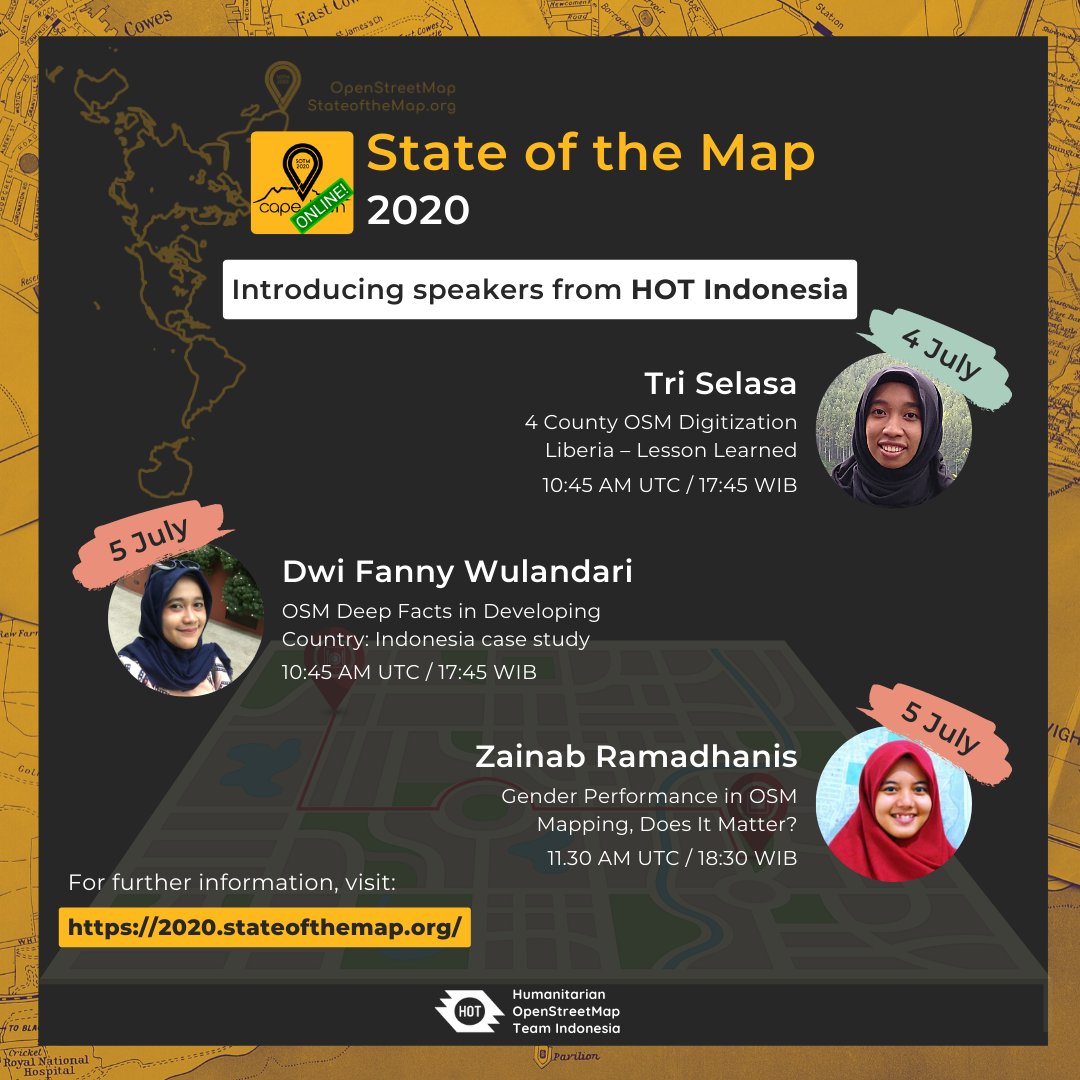 SOTM 2020 will be held this weekend on 4 and 5 July 2020 virtually due to the pandemic crisis situation. 

See the list of our speakers from HOT Indonesia and join their talks at the time given! 

For more info, please visit:
🌍2020.stateofthemap.org

#sotm #stateofthemap #osm