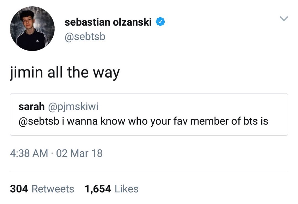  Sebastian OlzanskiA Canadian pop singer.He replied to a fan on his official twitter account saying  #JIMIN is his favorite BTS member. #JIMIN   #지민    @BTS_twt