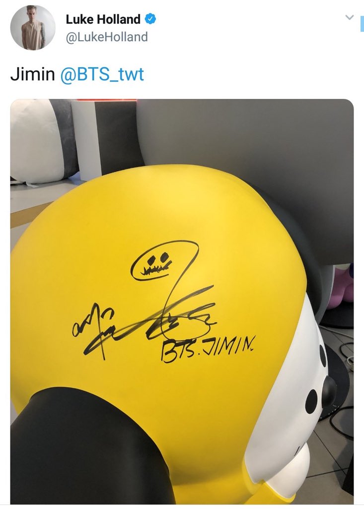  Luke Holland, American drummer and musician He posted in his official twitter account holding chimmy and with Jimin's signature confirming he's Jimin-biased #JIMIN   #지민   @BTS_twt  @LukeHolland
