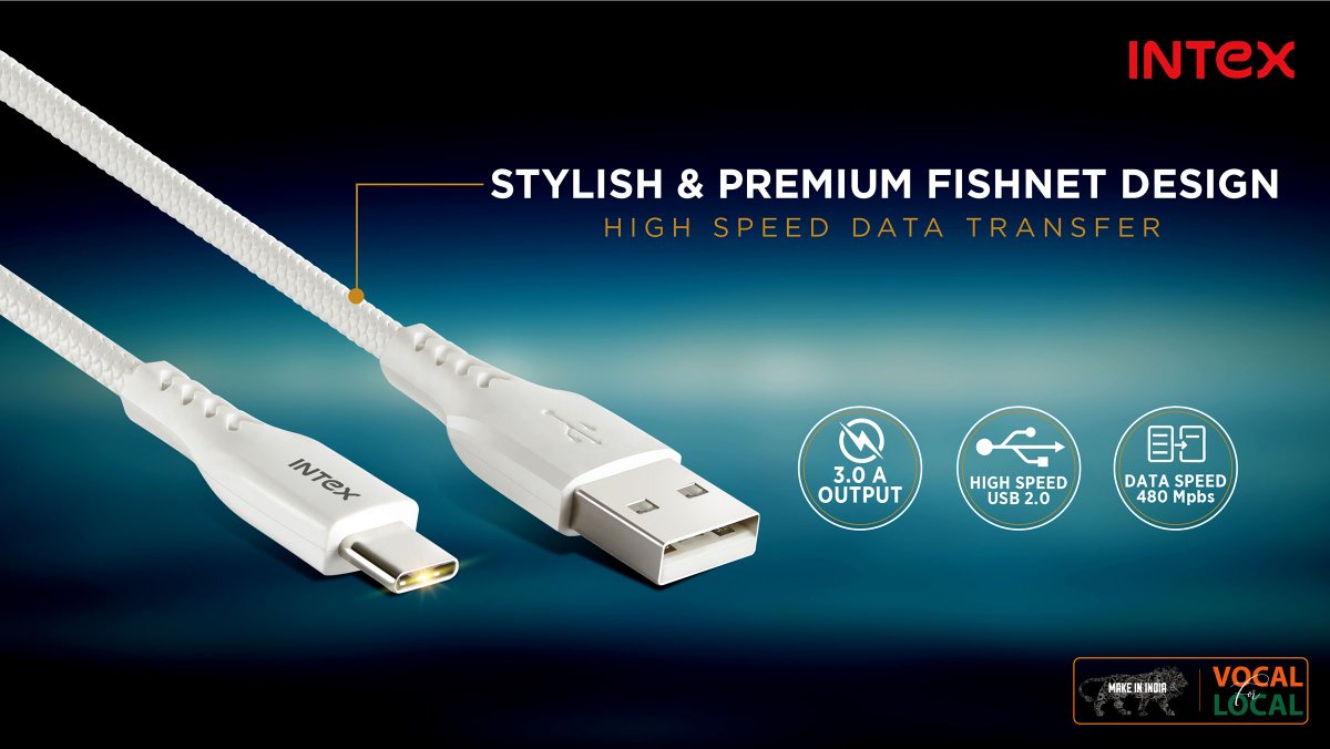 IntexBrand's tweet photo. Introducing all new Fast charging, high speed, stylish &amp; premium fishnet design Type - C connector cable."Speed 3.0 type-c" Long &amp; Durable, Go Grab Yours Now !! #bevocalgolocal #vocalforlocal #instagood #instagram #MakeInIndia https://t.co/qSRbhhhh2K