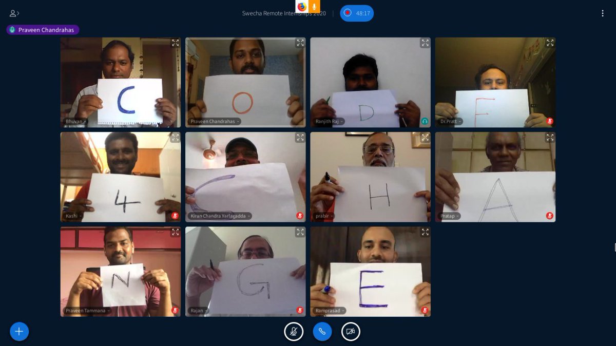 SwechaFSMI's tweet photo. Our #Code4Change - Remote Internships 2020 is inagurated today. Thank You Prabir, @chandrahas9 @kashivreddy
@kiranychandra , Praveen, @bhuvankrishna Prathyush, Ramprasad @prataplr , K.S Rajan and all others for speaking such inspirational words #swechafsmi https://t.co/Av5eu1mgUb
