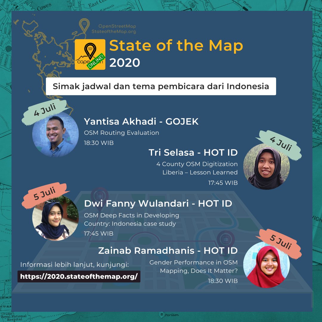 SOTM 2020 akan digelar akhir pekan ini 4 dan 5 Juli 2020 secara virtual. 

Simak jadwal dan tema para pembicara dari Indonesia dan pastikan untuk menyaksikan mereka secara langsung!

Info lebih lanjut, silakan kunjungi: 
🌍2020.stateofthemap.org

 #sotm #stateofthemap #osm