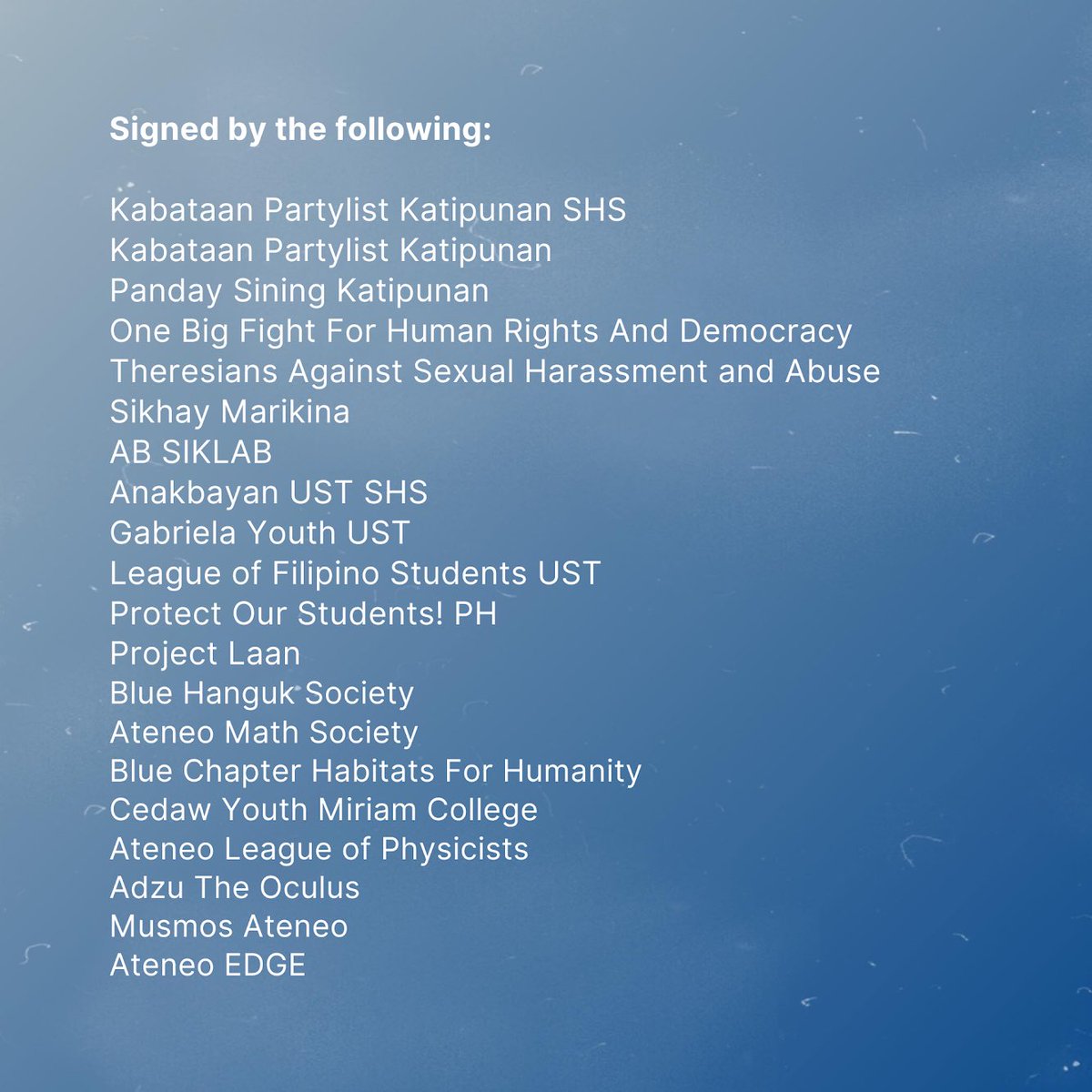 KPLKatipunanSHS's tweet photo. Signatories
#5PointDemands
#HijaAko
#PHSchoolDoBetter
#ItoSuotNamin
#STCDOBETTER
#MCHSDoBetter
#MariSciDoBetter
#SPCPSQUAREUP
#USTSHSDOBETTER
#USTDoBetter
#ASHSDoBetter
#ADMUDoBetter
#PhSchoolsDoBetter
#ProtectOurStudents https://t.co/Hs3R5GB4uU