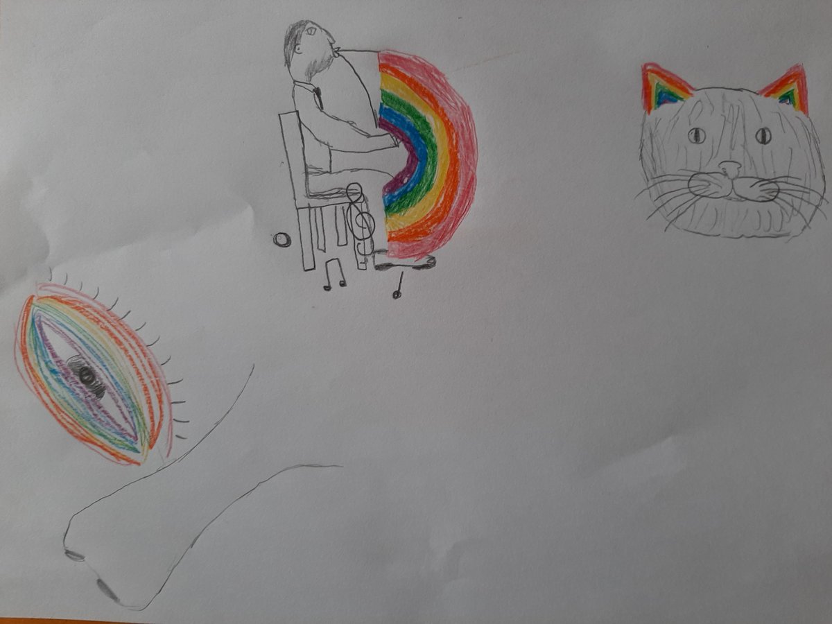 ArtDownsend's tweet photo. Yesterday's Daily Doodle was inspired by Quentin Blake's wonderful rainbow illustrations. Here are a few imaginative creations from Myles H, Jamie H and Sophie M @DownsendSchool @QuentinBlakeHQ https://t.co/78PtAfdJTf