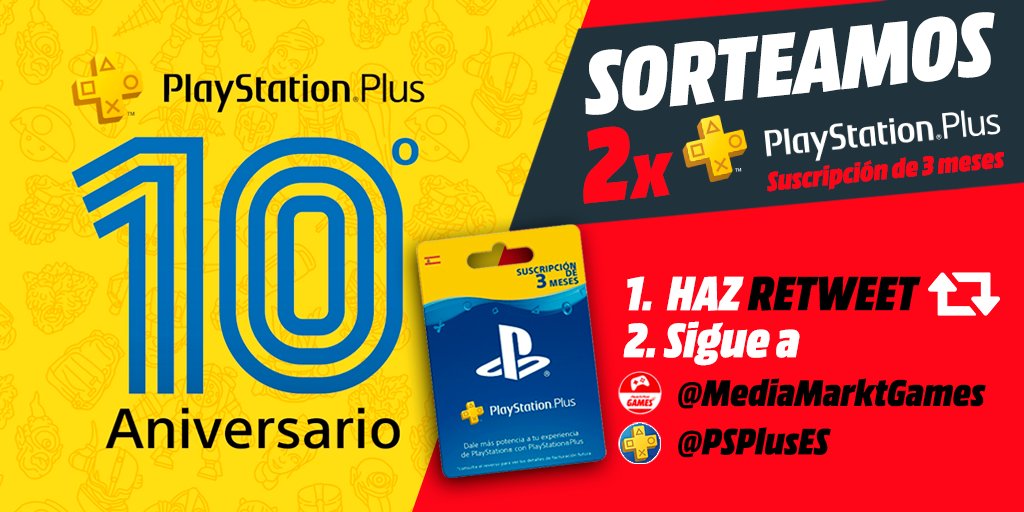 🥳 Celebramos el #10AniversarioPSPlus🎂 SORTEANDO 2 suscripciones de 3 meses para que flipes con todo lo que te ofrece #PSPlus👏

☑️Sigue a <a href="/MediaMarktGames/">MediaMarkt Games</a> y <a href="/PSPlusES/">PlayStation Plus España</a>
🔁Dale Retweet

😱Hasta 03/7 <a href="/PlayStationES/">PlayStation España</a>

¿Quieres tu suscripción ya?👉bit.ly/MMPsnPlus