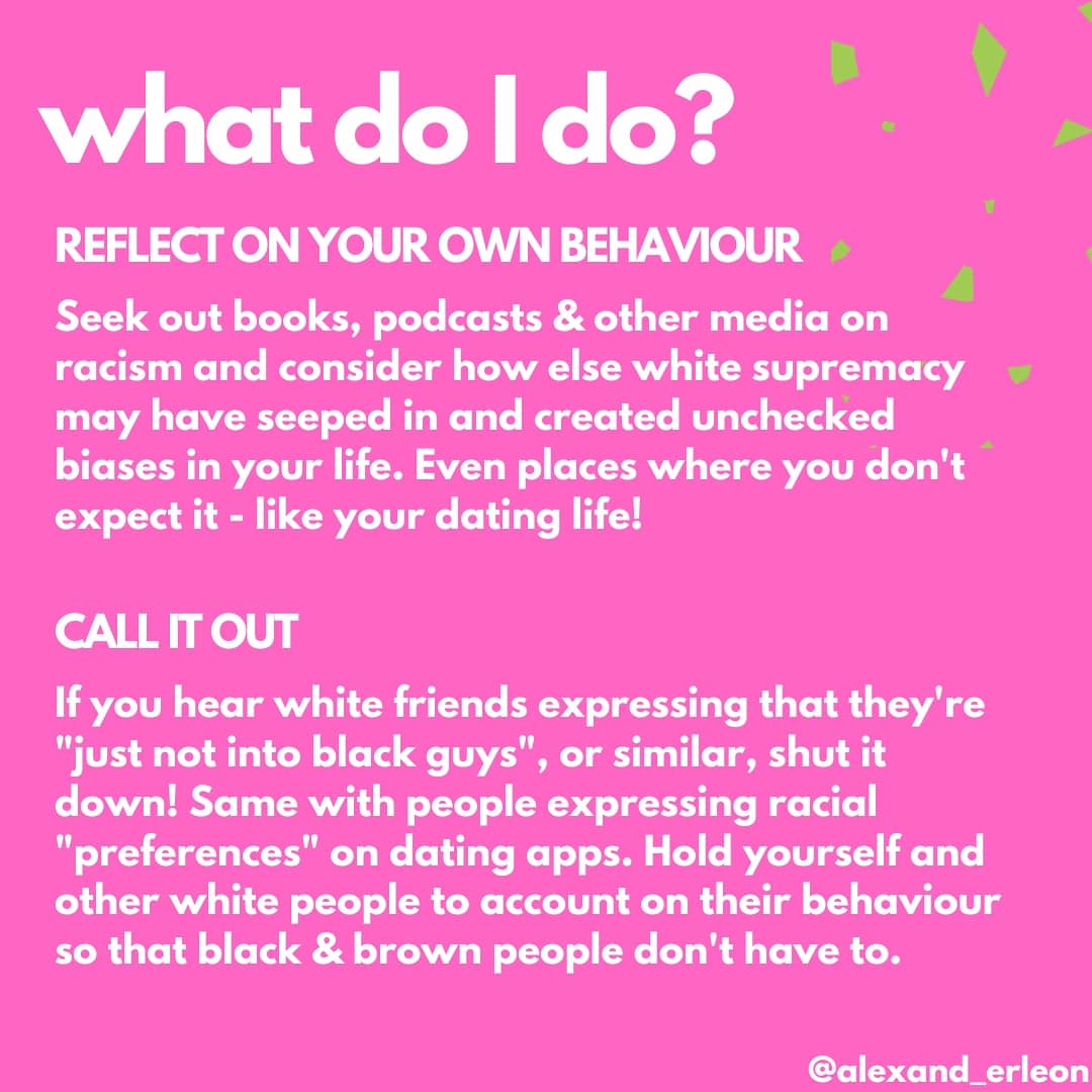 Before you ask:- no, it's not comparable to other sexual preferences which are either innate (gender) or don't uphold a system of structural oppression (height) - no, it's not racism if POC exclude white people from their sex lives (this is often done to protect from racism)