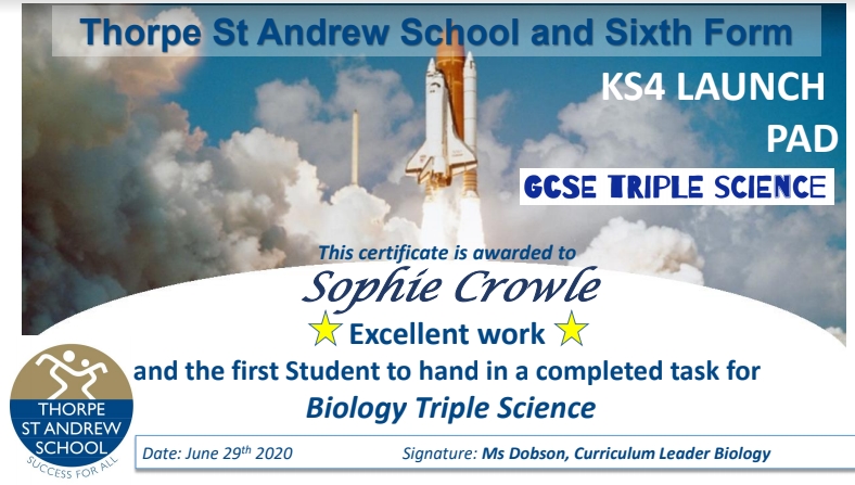 Well done to Sophie for making an excellent start to the Y9 Triple Science Biology Transition work!