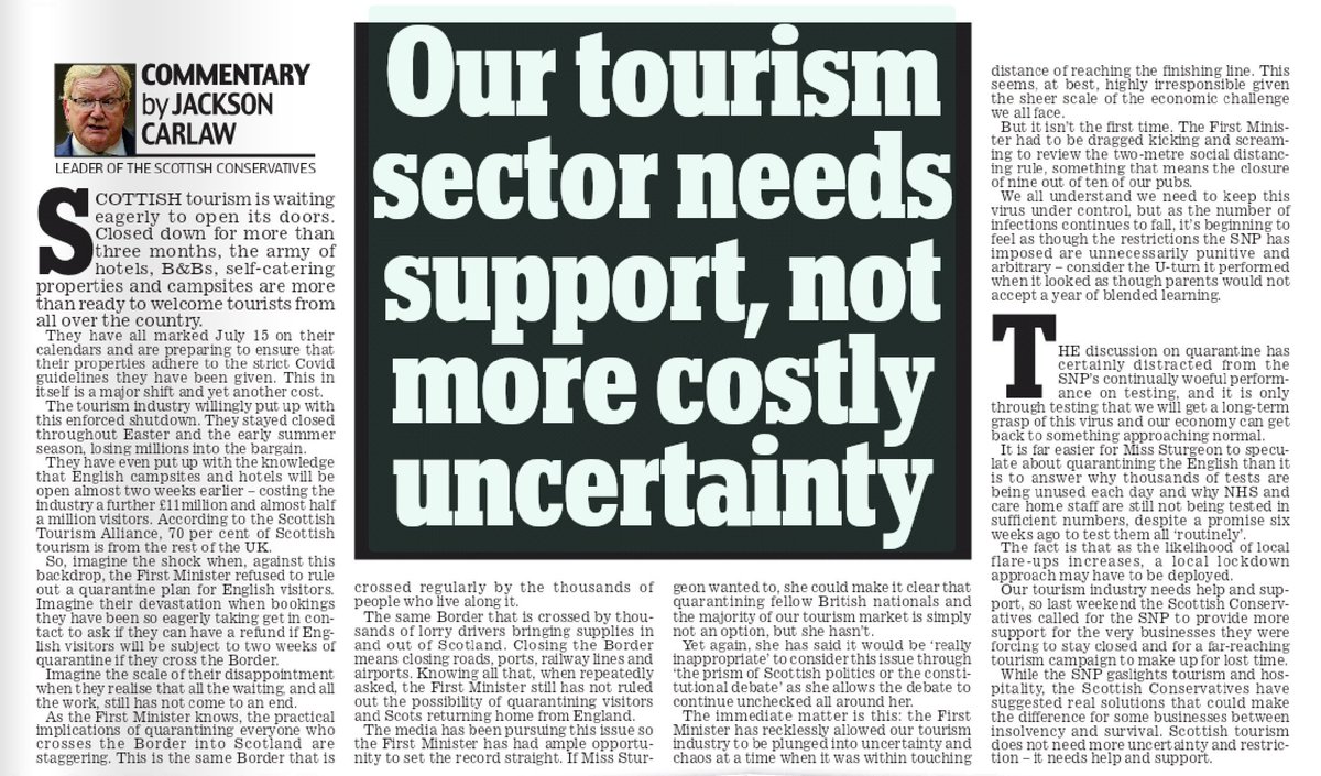 Scottish tourism needs help and support, not more uncertainty and restrictions from the SNP.

Jackson Carlaw calls out Nicola Sturgeon's destructive quarantine plans.