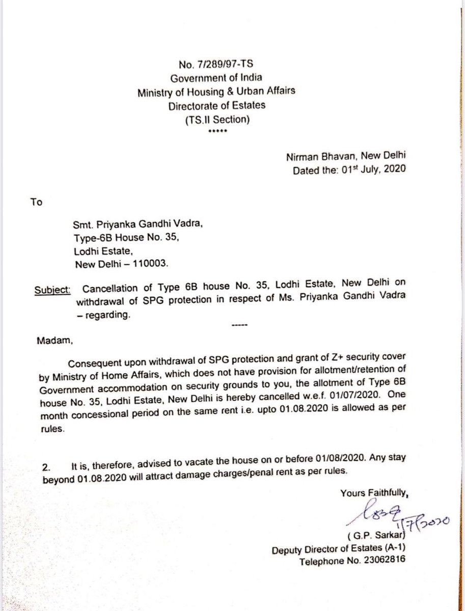 sudhirchaudhary's tweet photo. Gandhis lose another privilege. Congress General Secretary Priyanka Gandhi Vadra served notice to vacate her Lutyens Bungalow provided by the Govt. She got the bungalow because she was an SPG protectee. Now she has lost the SPG cover and hence the bungalow. https://t.co/9lt58rVhfD