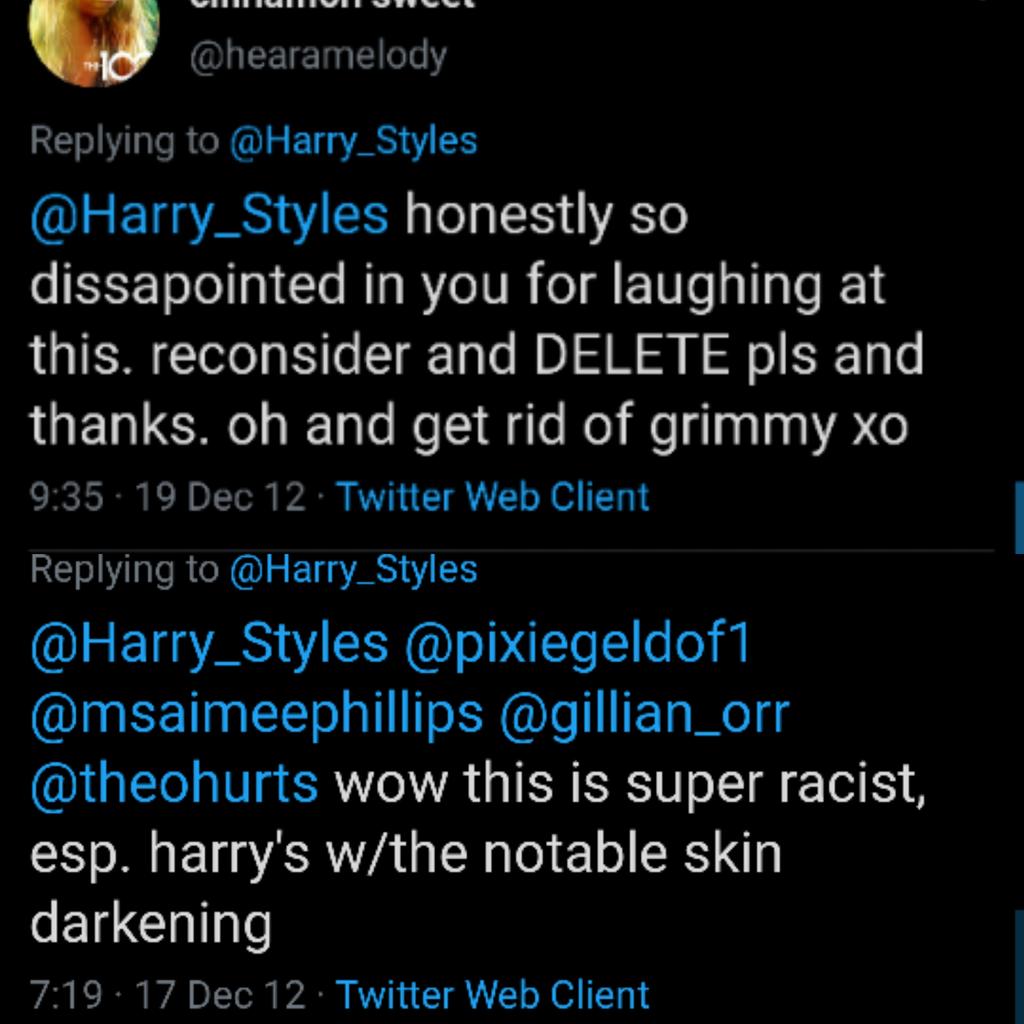 Harry retweeted this picture of himself in digitized blackface with other edits that mocks black culture. He never acknowledged or apologized for the issue even though people called him out.