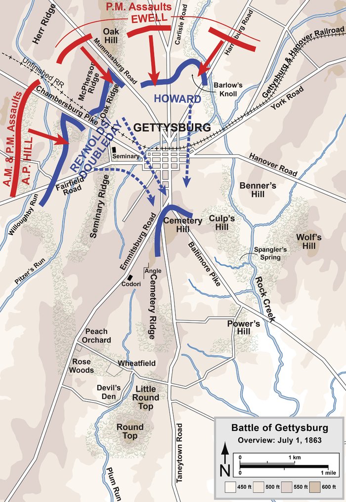 #OTDIH: The first day of the #BattleofGettysburg during the American Civil War took place and began as an engagement between isolated units and escalated into a major battle that culminated in the Union forces retreating to the high ground south of Gettysburg, PA.