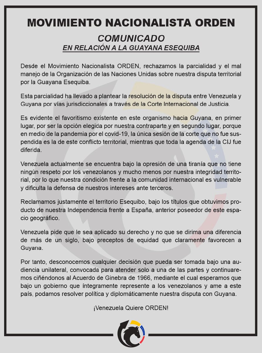 OrdenVenezuela's tweet photo. #COMUNICADO sobre nuestra postura en relación a nuestro territorio #Esequibo

#1Julio https://t.co/GNJOlhL3BB