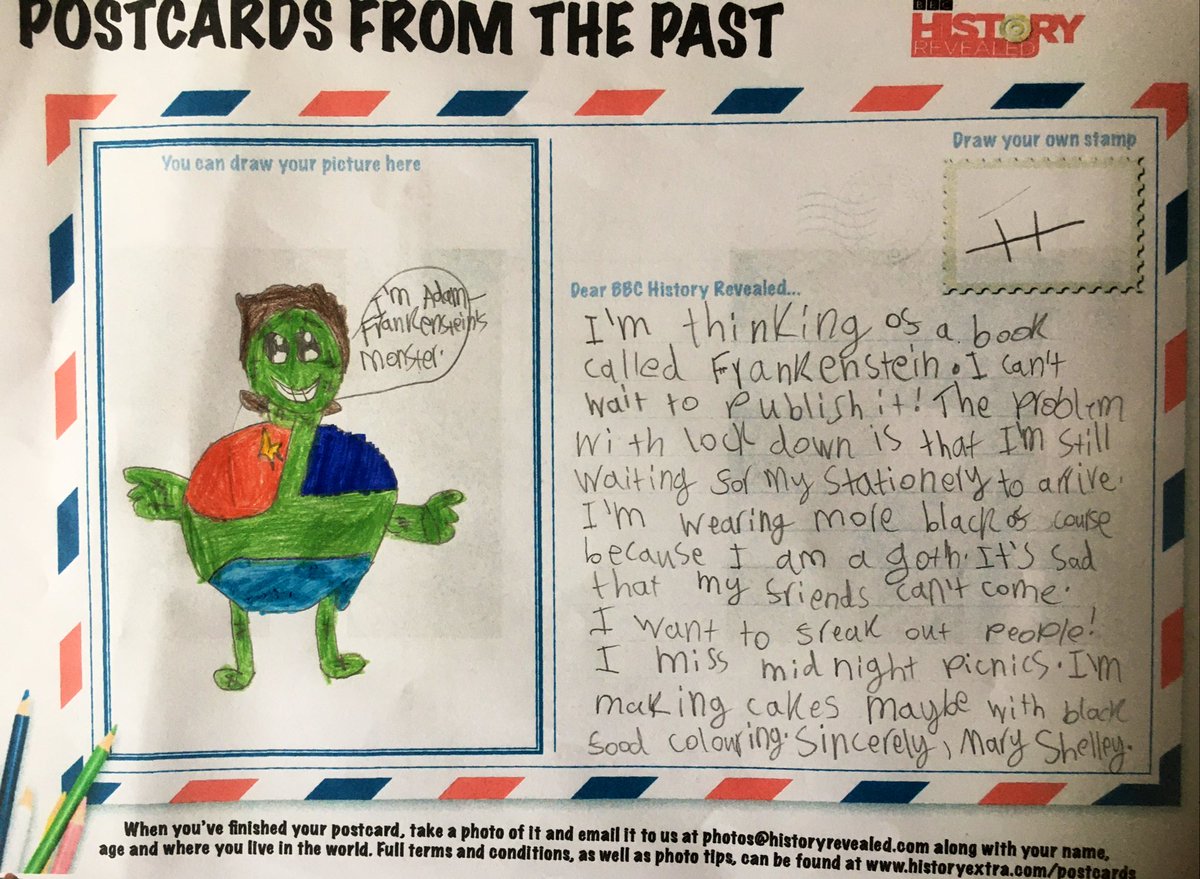 MenaiN's tweet photo. Entry from younger child #pastpostcards - a shout out to @cbbc for the fabulousness that is Horrible Histories &amp; a salute to the awesome @greg_jenner from our 7yo goth in residence https://t.co/4v8hgw2RWI