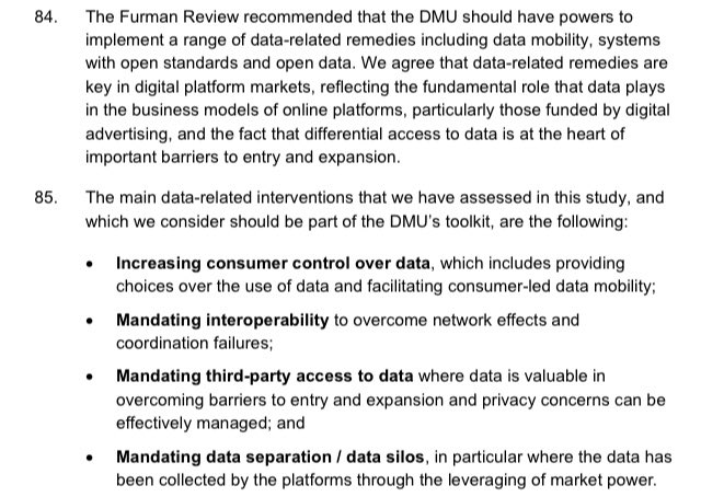 The CMA report includes some interventions on Google and Facebook’s data power. The last one is where we see most promise as it aligns with consumer privacy interests, privacy laws and forces businesses to compete on their actual trust with the user. Advertisers/G/FB hate it. /3