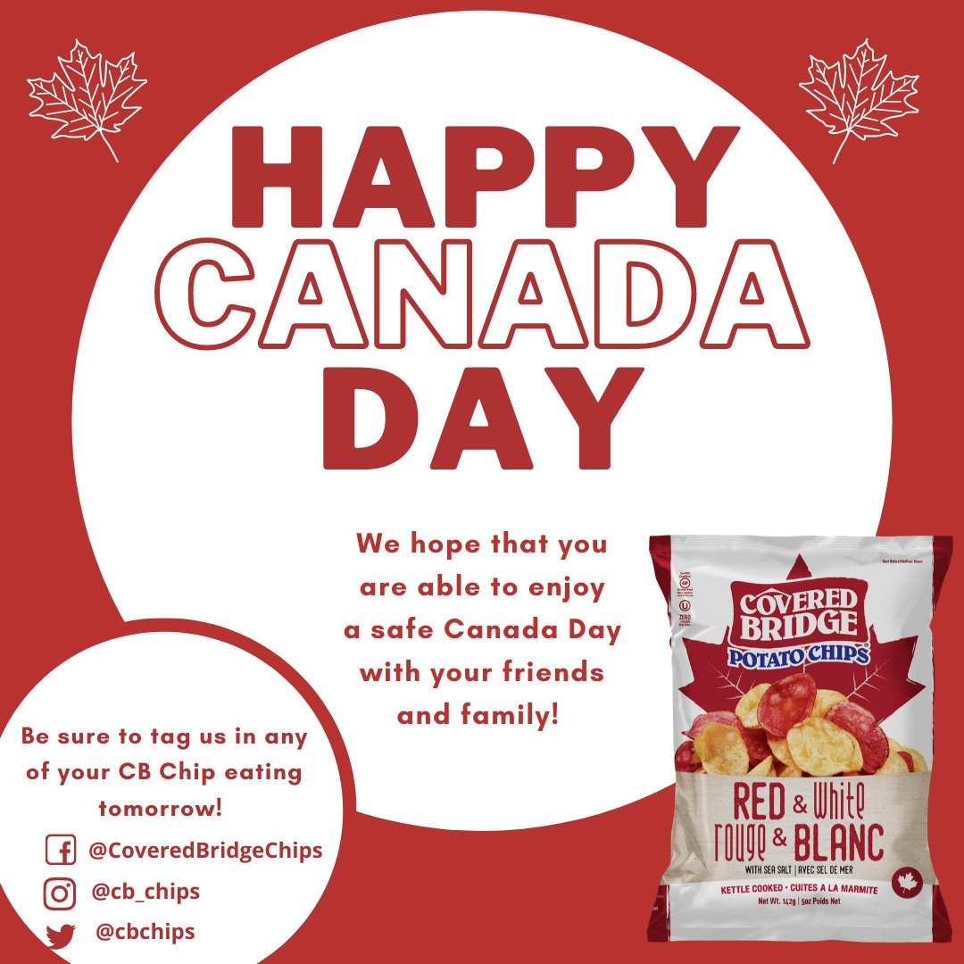 CBchips's tweet photo. Happy Canada Day Covered Bridge Chip Fans!! 😀 🇨🇦 We sure are Proud to be Canadian Made! 🍁 🍁
#Canadian #redandwhite #flag #CanadaDay #cbchips #nbproud #madeinCanada https://t.co/ybZWCWhXoQ